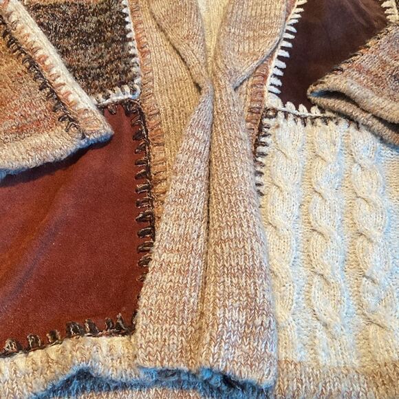 Vintage Kensington Patchwork Cable Knit & Leather Boho Cardigan Sweater large - Picture 4 of 8